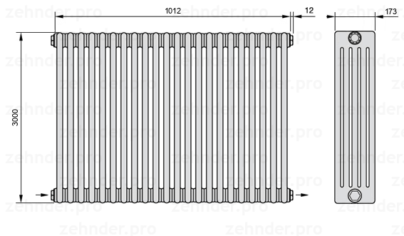 Схема (чертеж) Радиатор Zehnder Charleston 5300/22 №2670 Белый глянцевый RAL 9016